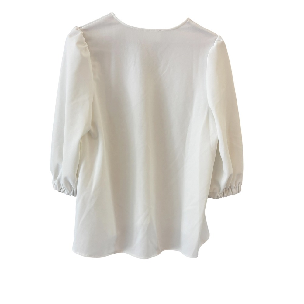Tuckernuck‎ Pomander Place V Neck Blouse Womens L White Puff 3/4 Sleeve Preppy - Picture 2 of 9